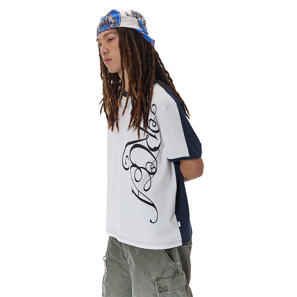 PATCHWORK COLOR-BLOCK SCRIPT PRINT TEE